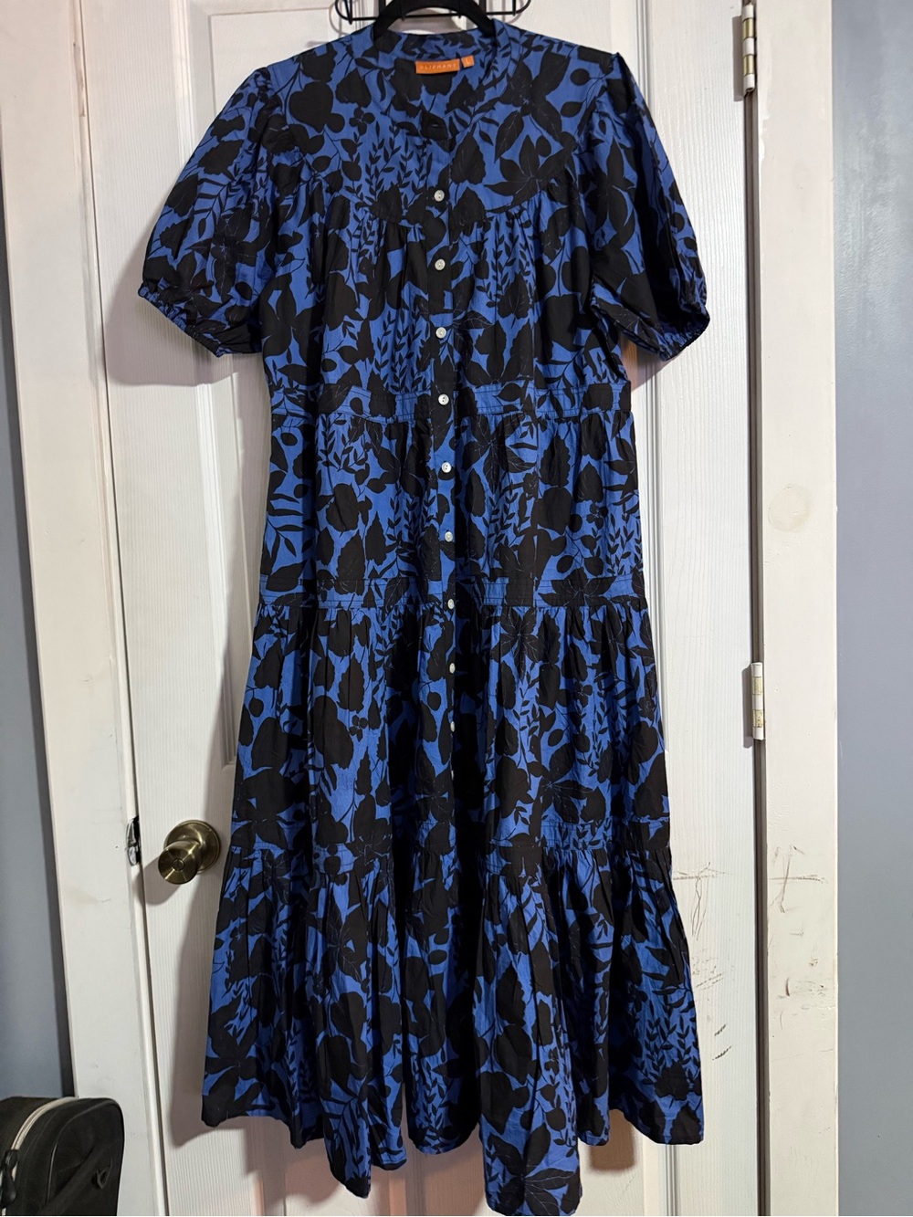 Oliphant Tuckernuck Floral Tiered Midi Dress Large puff sleeve Button